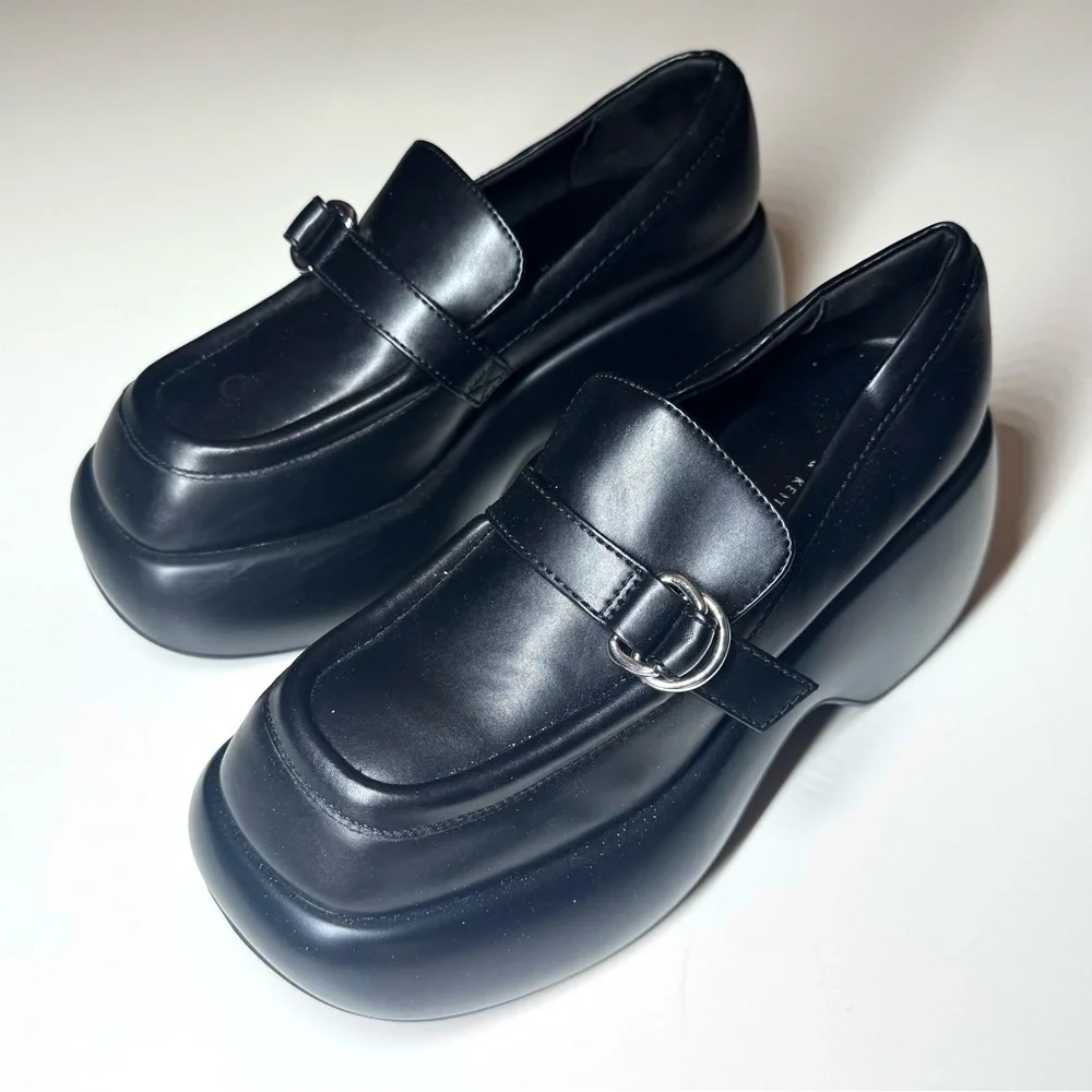 CHARLES & KEITH Women’s Buckled Black Platform Penny Loafers Shoes Size- 38